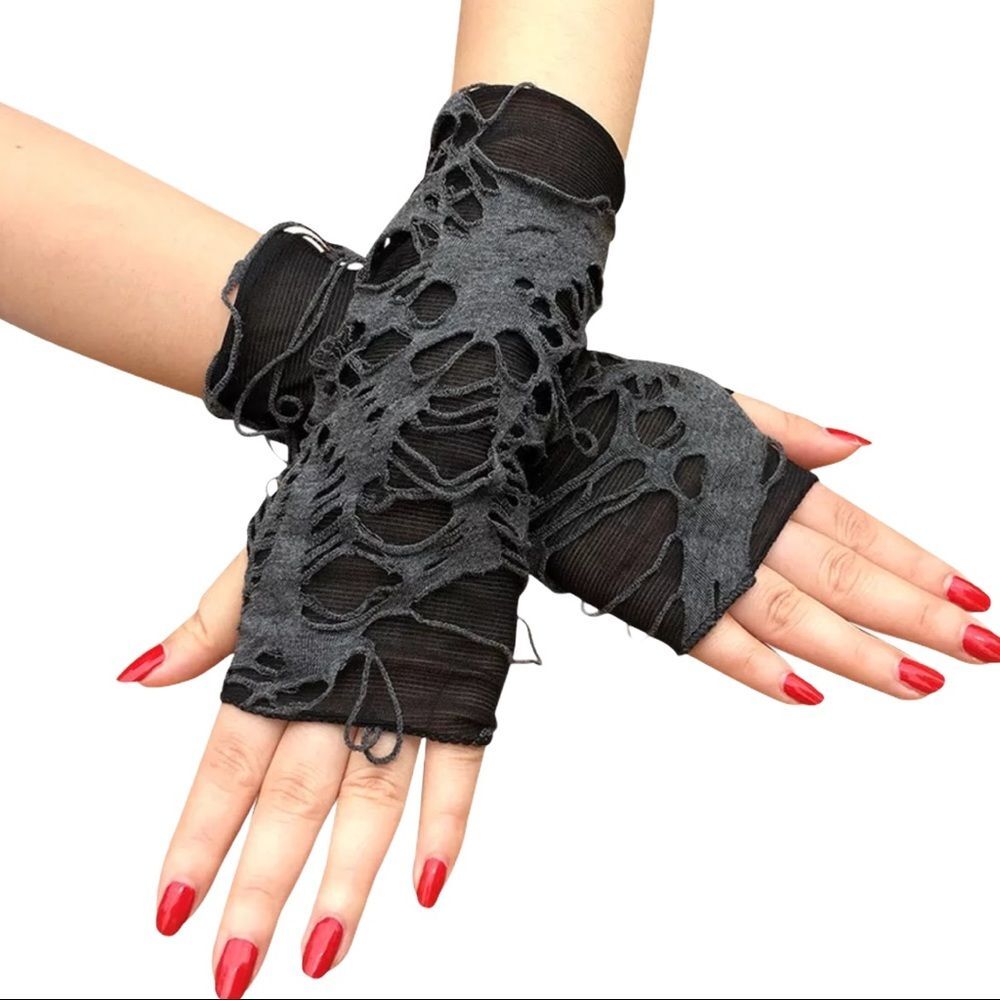 Black Gray Distressed Short Fingerless Gloves